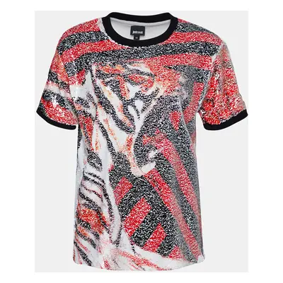 Roberto Cavalli Multicolor Animal Pattern Sequined Crew Neck Top