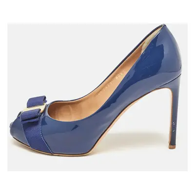 Salvatore Ferragamo Blue Patent Leather Vara Bow Peep Toe Pumps Size