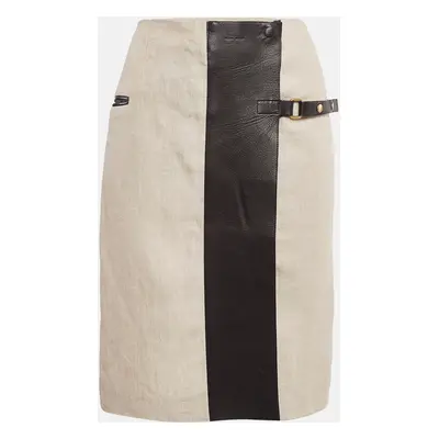 Celine Beige Linen & Leather Paneled Wrap Skirt