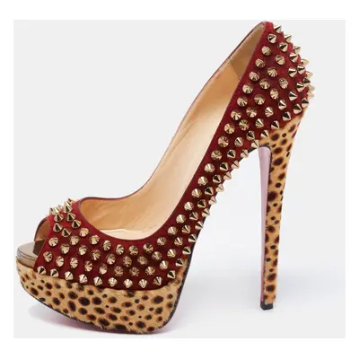 Christian Louboutin Beige/Maroon Leopard Print Calfhair and Suede Lady Peep Spikes Pumps Size