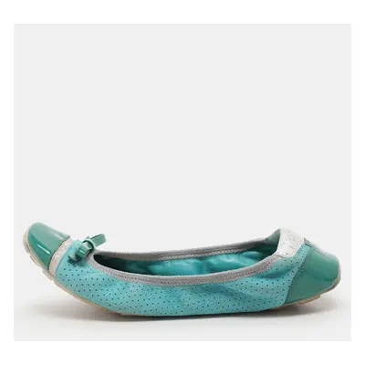 Prada Sport Green/Turquoise Perforated Suede and Patent Bow Scrunch Ballet Flats Size