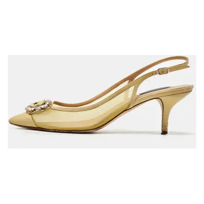 Dolce & Gabbana Yellow Mesh and Leather Crystal Embellished Slingback Pumps Size