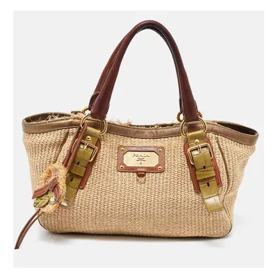 Prada Multicolor Woven Raffia and Leather Tote