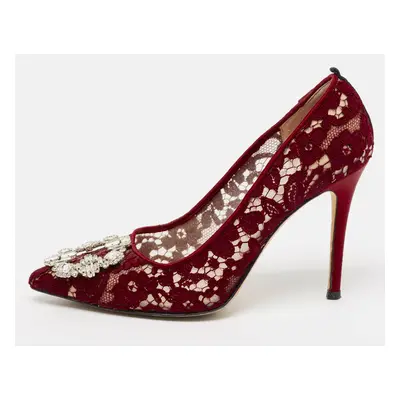 SJP Sarah Jessica Parker Burgundy Lace Crystal Embellished Buckle Pumps Size