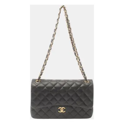 Chanel Black Lambskin (Sheepskin) Deca Matelasse Classic Large W-Flap Shoulder Bag