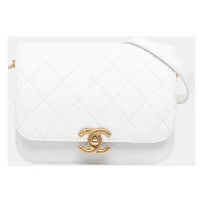 Chanel White CC Quilted Caviar Flap Crossbody