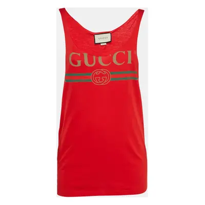 Gucci Red Logo Print Cotton Knit Tank Top