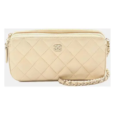 Chanel Gold Quilted Iridescent Lambskin Double Zip Pearl Clutch On Chain