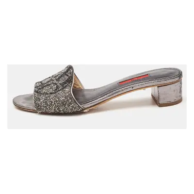 CH Carolina Herrera Grey Leather Crystal Embellished Logo Slide Sandals Size