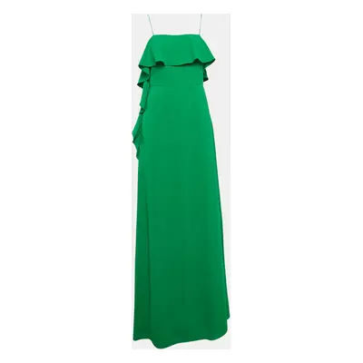 Monique Lhuillier Green Crepe Ruffled Maxi Slip Dress