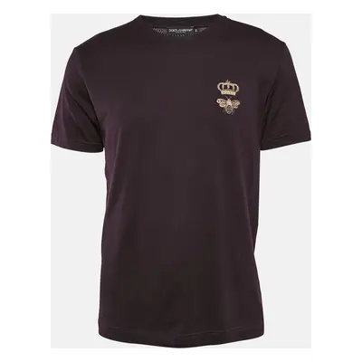 Dolce & Gabbana Dark Purple Queen Bee Embroidered Cotton Crew Neck T-Shirt