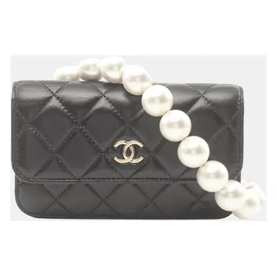 Chanel Black Quilted Calfskin Maxi Pearls Clutch With Chain