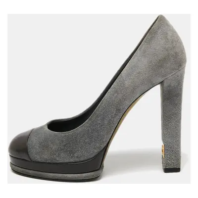 Chanel Grey/Dark Brown Suede and Leather Cap Toe Platform Pumps Size