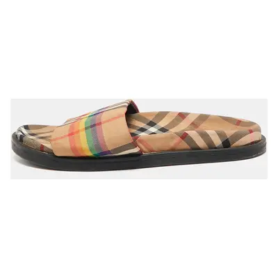 Burberry Beige Vintage Rainbow Check Canvas Ashmore Flat Slide Sandals Size