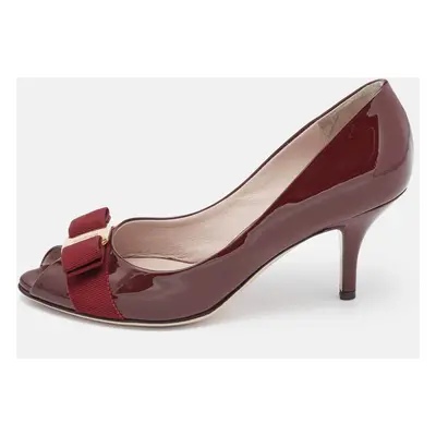 Salvatore Ferragamo Burgundy Patent Leather Vara Bow Peep Toe Pumps Size 36.5