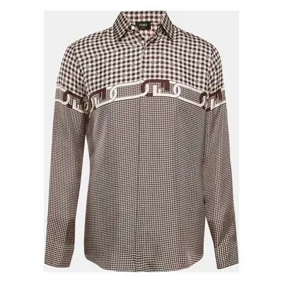 Fendi Brown Houndstooth Print Silk Button Front Shirt