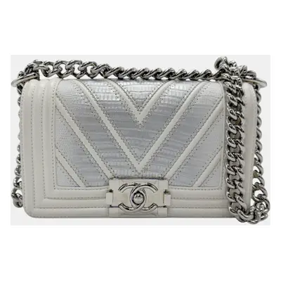 Chanel Leather White X Silver Boy Chanel Shoulder Bag