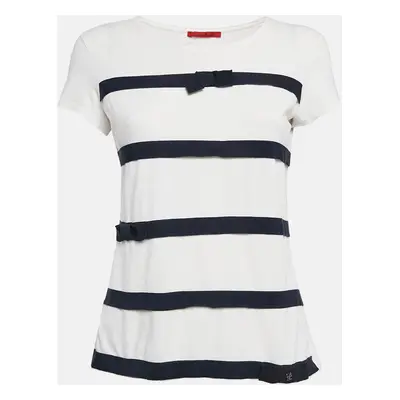 CH Carolina Herrera White/Blue Striped Cotton Bow Details T-Shirt