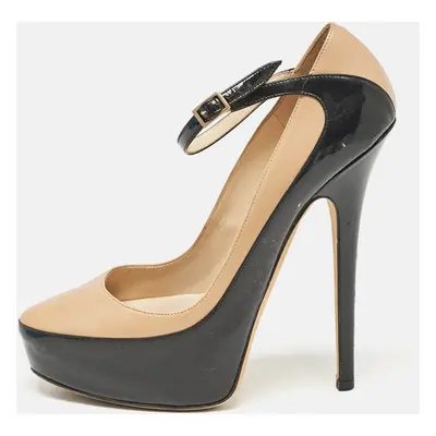 Jimmy Choo Black/Beige Leather and Patent Siskin Platform Pumps Size