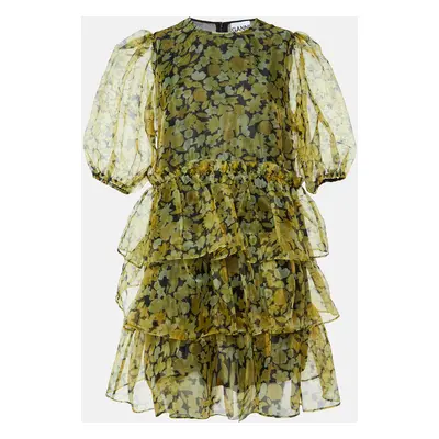 Ganni Yellow Floral Print Organza Tiered Mini Dress