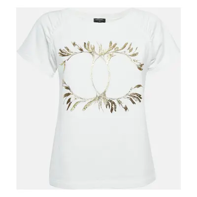 Chanel White Logo Foil Print Knit Round Neck T-Shirt