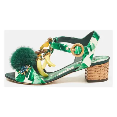 Dolce & Gabbana Green Satin and Fur Banana Embellished T-Strap Sandals Size