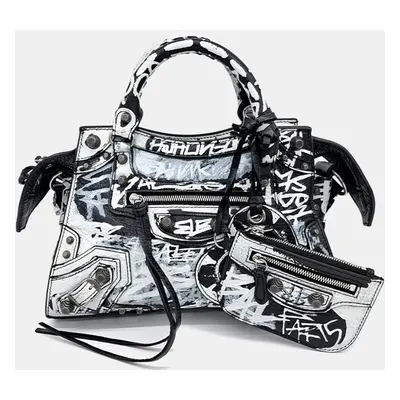 Balenciaga Black White Leather Graffiti Neo Cargol Bag