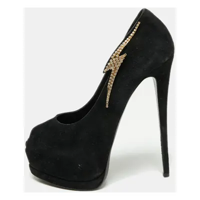 Giuseppe Zanotti Black Suede Crystal Embellished Peep Toe Pumps Size