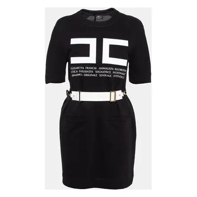 Elisabetta Franchi Black Textured Print Cotton Belted T-Shirt Dress