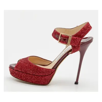 Jimmy Choo Red Glitter Linda Platform Ankle Strap Sandals Size 37.5