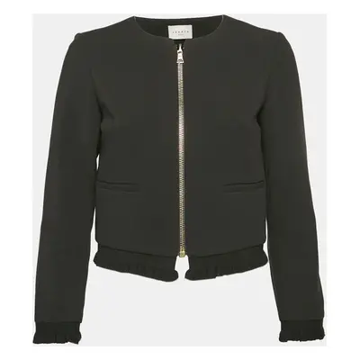 Sandro Black Crepe Ruffled Zip-Up Blazer