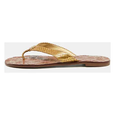 Tory Burch Gold Snakeskin Embossed Leather Monroe Thong Flats Size