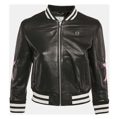 Philipp Plein Junior Black Flamingo Embellished Leather Jungle Jacket Years