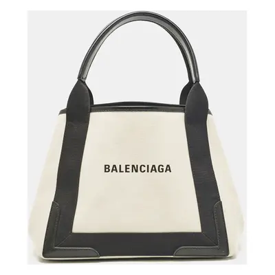 Balenciaga Black/Off White Canvas and Leather Small Cabas Tote