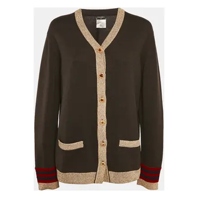 Chanel Brown Cashmere Button Front Lurex Contrast Cardigan