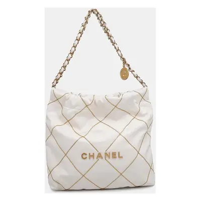 Chanel White Shiny Calf Leather Chanel22 Chain shoulder Bag Size Small