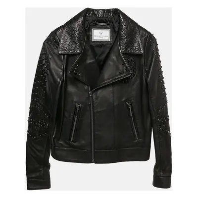 Philipp Plein Junior Black Textured Leather Stud Detail Zip-Up Jacket Yrs