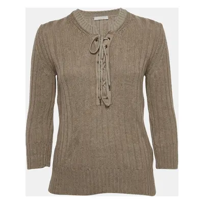 Chloe Dark Beige Wool and Linen Lace Tie up Detail Sweater