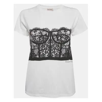 Alexander McQueen White Corset Print Cotton T-Shirt