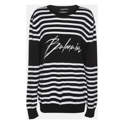 Balmain Black/White Striped Knit Fabric Crew Neck Sweater