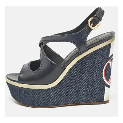 Louis Vuitton Navy Blue Canvas and Denim Wedge Sandals Size