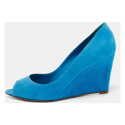 Sergio Rossi Blue Suede Peep Toe Wedge Pumps Size 40.5