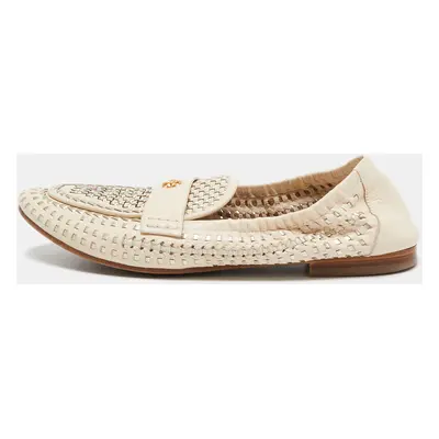 Tory Burch Beige Woven Leather Slip On Loafers Size 38.5