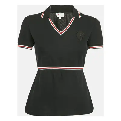 Gucci Black Applique Cotton Pique Cinched Waist Equestrian T-Shirt