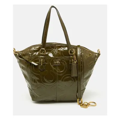 Coach Olive Green Op Art Embossed Patent Leather Madison Satchel