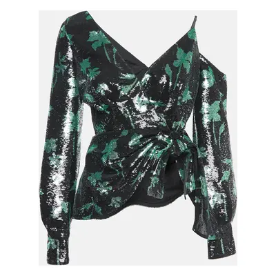 Self-Portrait Black/Green Sequin One-Shoulder Top