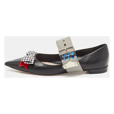 Miu Miu Black Leather Bow Buckle Ballet Flats Size