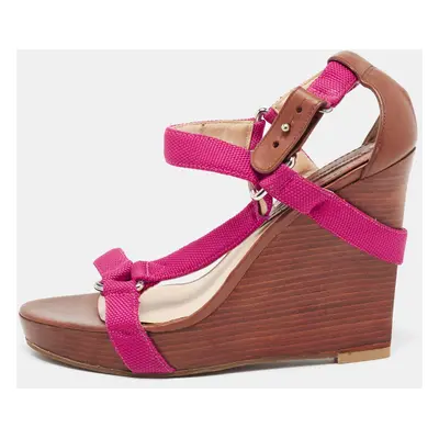 Céline Pink Canvas T-Strap Wedge Slingback Sandals Size