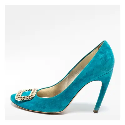 Roger Vivier Turquoise Blue Suede Chain Detail Round Toe Pumps Size 38.5