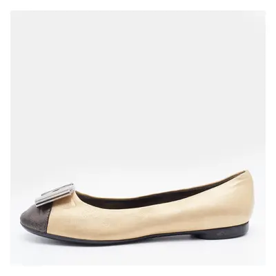 Salvatore Ferragamo Metallic Gold/Black Leather Cap Toe Metal Trim Ballet Flats Size